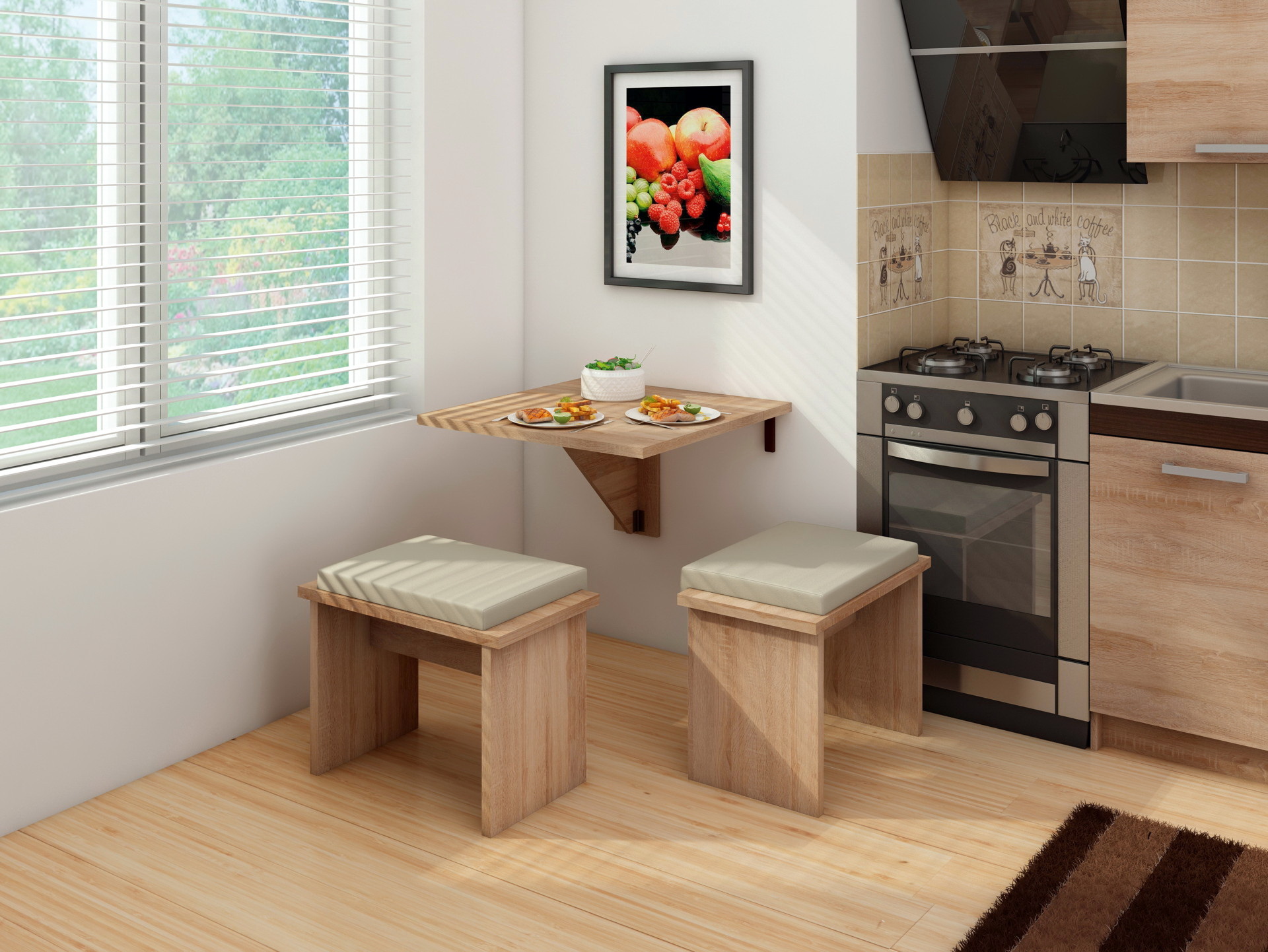 Откидной кухонный стол с двумя табуретами Herdasa (Mesa Plegable 67151-381)