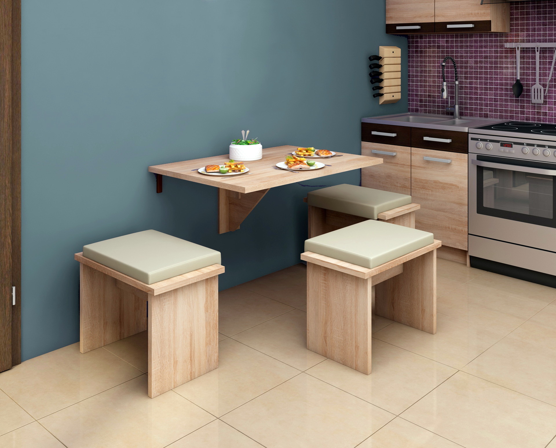 Откидной кухонный стол с тремя табуретами Herdasa (Mesa Plegable 67161-381)